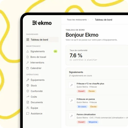 Tableau de bord EKMO listant les signalements en cours par restaurant