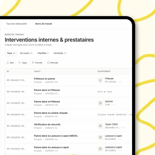 Liste des bons de travail EKMO : interventions internes et prestataires par équipement