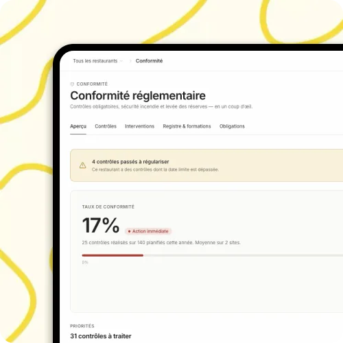 Vue Conformité réglementaire d'EKMO : contrôles à régulariser et taux de conformité