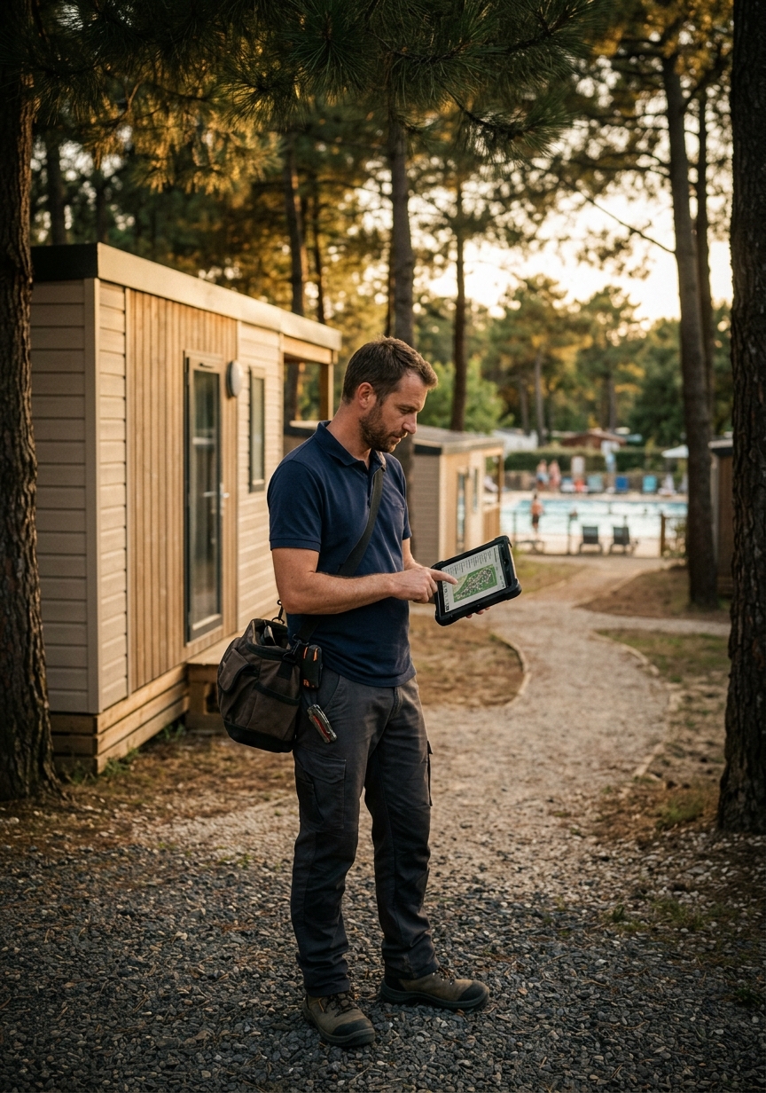 Technicien sur un camping, tablette en main près de la piscine