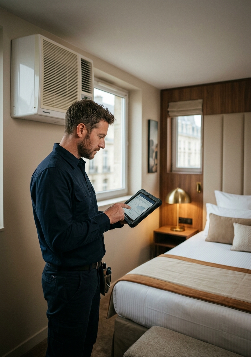 Technicien réalisant une intervention en chambre d'hôtel