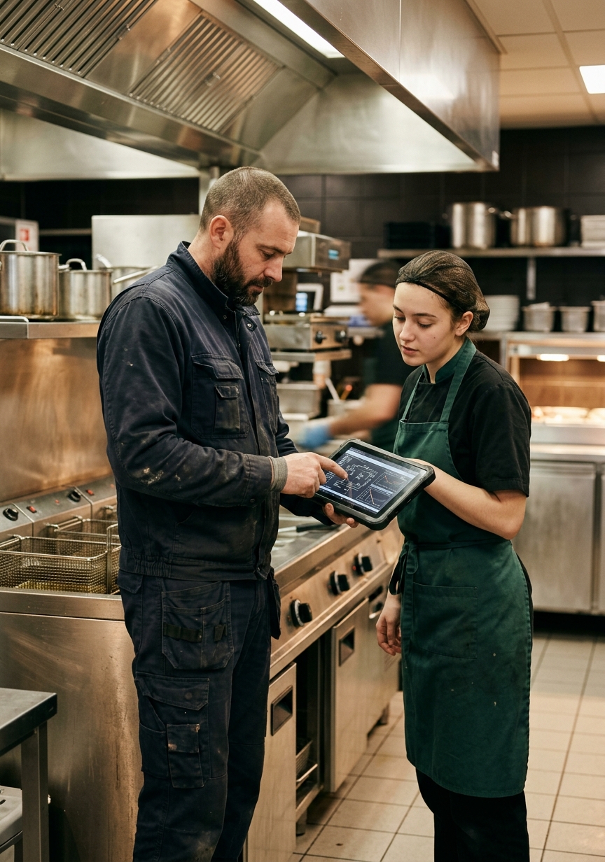 Technicien et équipe en cuisine de restaurant avec une tablette